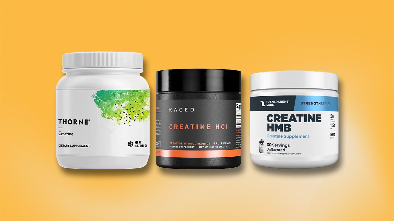 Three creatine powders from Thorne, Kaged, and Transparent Labs.