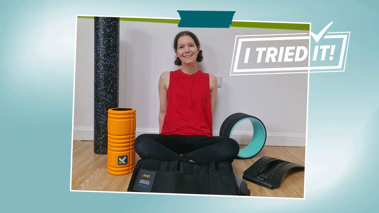 gif of Healthline editor posing with back stretching equipment and a close up of the tools.