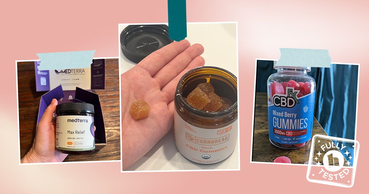 Collage images of Healthline team testing CBD gummies for pain by Medterra, Cornbread Hemp, and CBDfx.