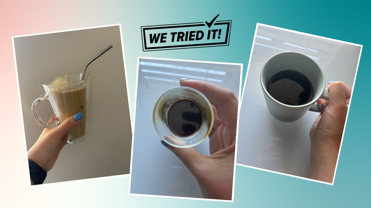 a collage of three types of coffee alternatives in mugs