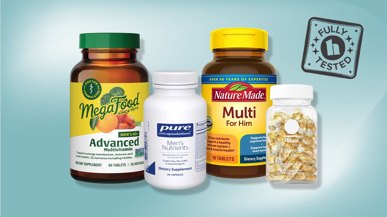 Collage of men's multivitamins by Mega Food, Pure Encapsulations, Nature Made, and Ritual. 