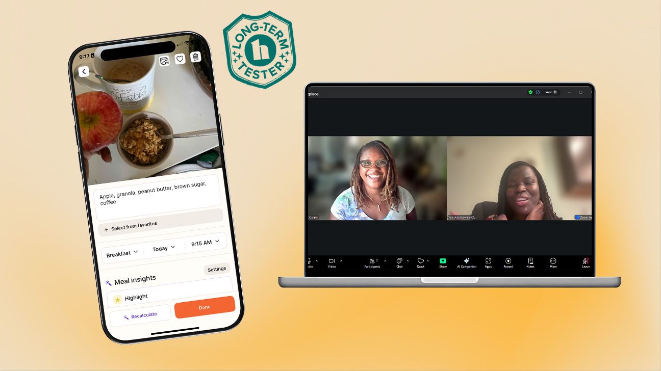 this image has two focal points. the image on the left shows a phone screen of our tester, Kristin, who is logging her breakfast. The image on the right is a laptop screen, open to a zoom display with two images side by side: our tester Kristin, and her RDN Yaa.