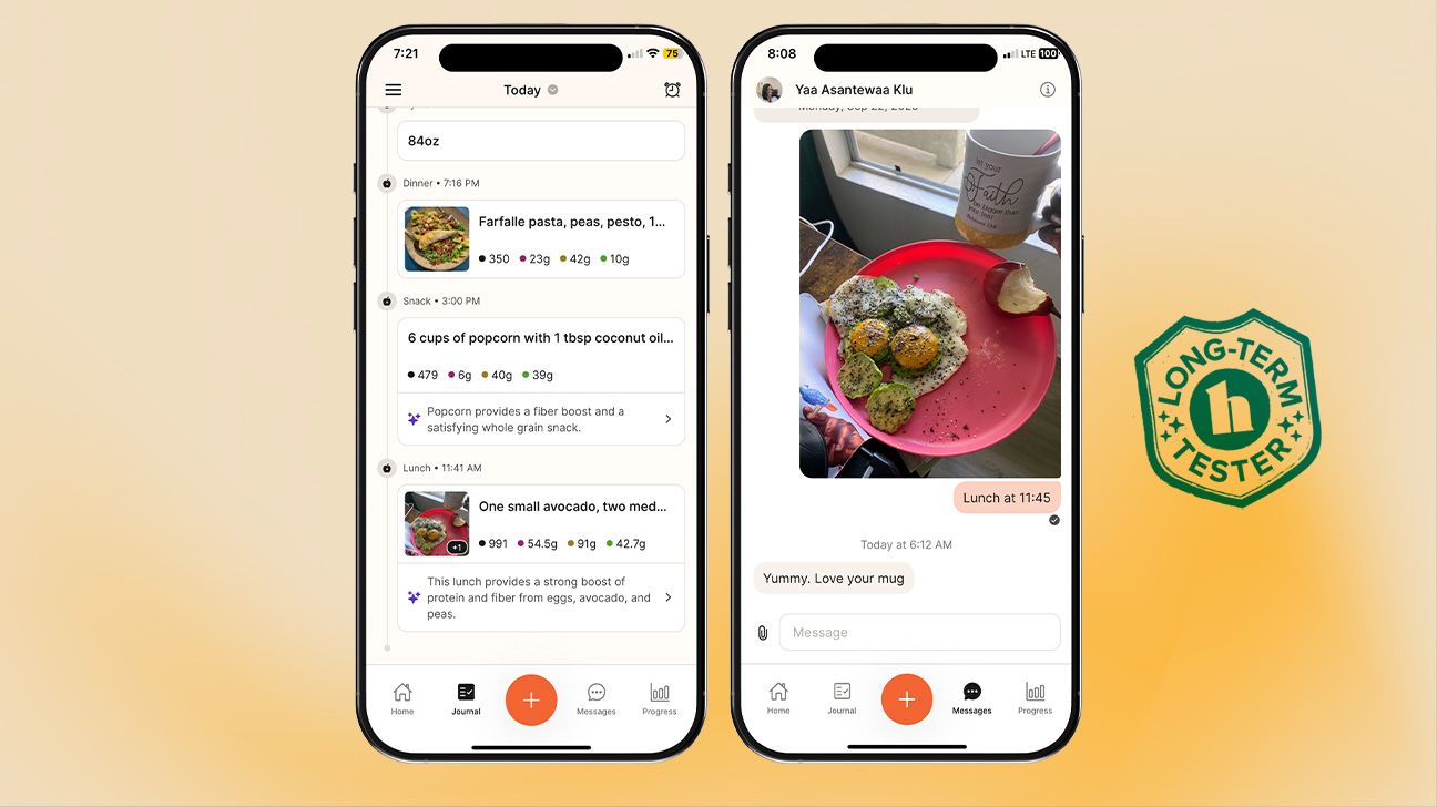 our tester shares two screenshots of her logging her meals. the image on the left shows a phone screen that displays her logs from that day. the image on the left is also shown on a phone screen. it shows Kristin sharing an image of her lunch with her RDN.