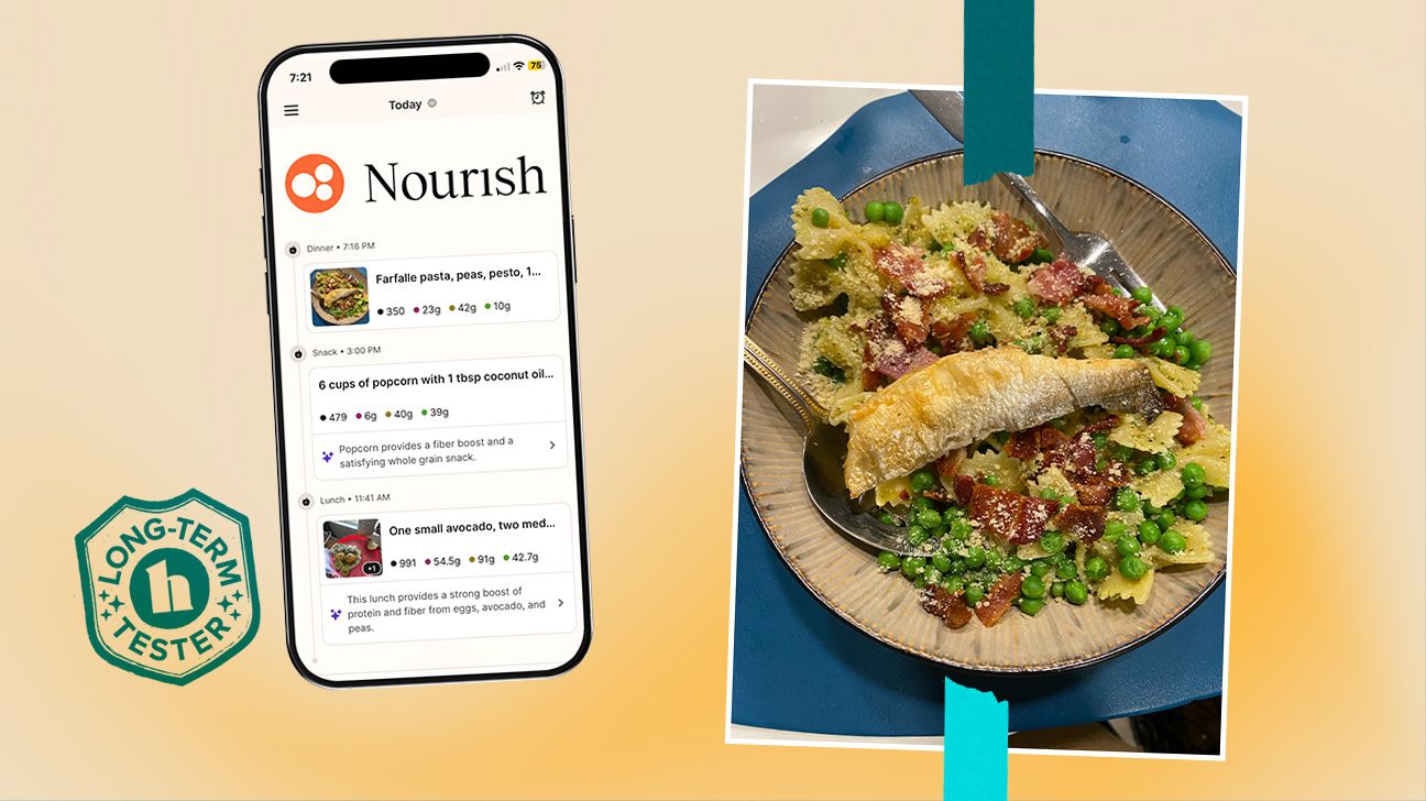 from left to right: bottom left of the page has a healthline badge for 'long term tester'. then, there is a smartphone that is showing the home page of the Nourish app. The logo is at the top, and below are logged meals from our tester. to the right of that is a picture from our tester of a meal she has made. it's some sort of pasta with peas, bacon, and a sandwich in the middle.