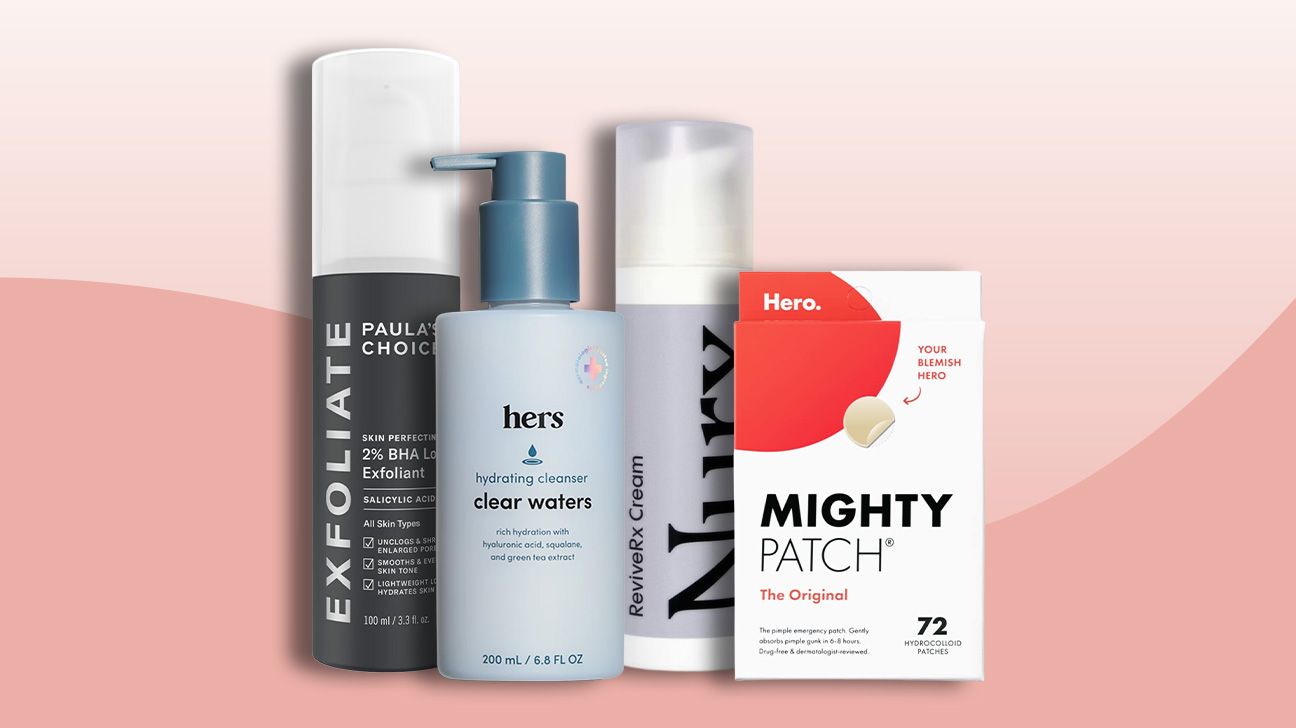 Skin care products by Paula's Choice, Hers, Nurx, and Hero. They are displayed horizontally on a peach background.