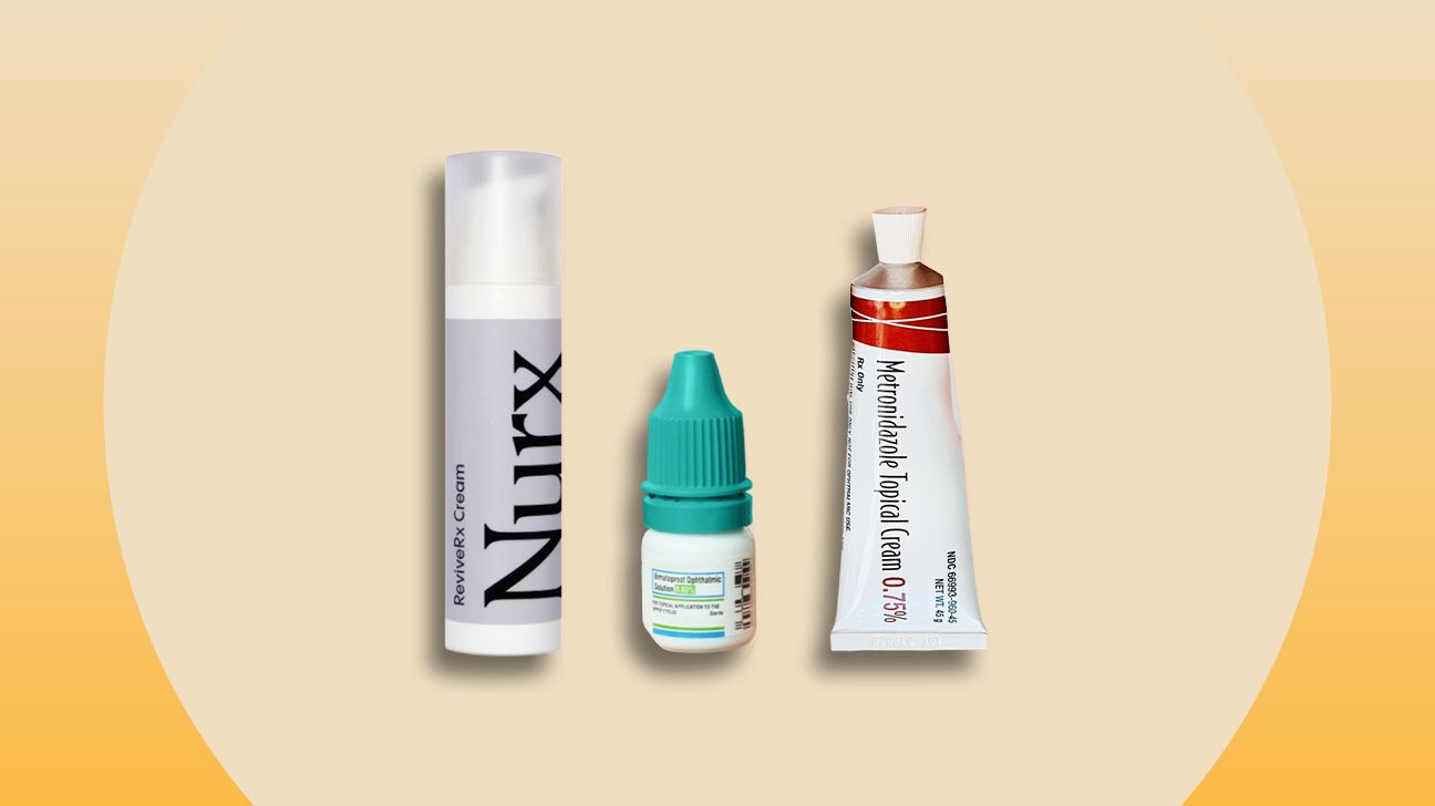 Skincare products from Nurx, including the ReviveRx cream, eyelash growth serum, and metronidazole cream 0.75%.