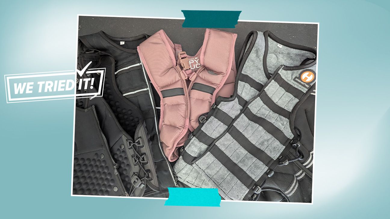 header image featuring weighted vests in a pile on blue background