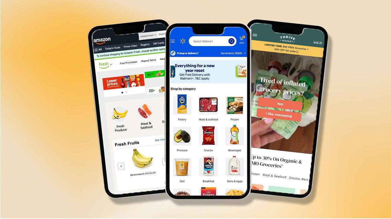 three phones in the middle of the image. each phone shows the home page of a grocery delivery service. the one all the way to the left is Amazon Grocery; middle shows Walmart Grocery; the right phone shows Thrive Market's home page