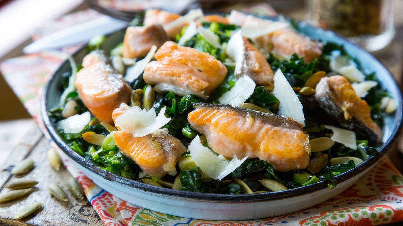 Seared salmon, Brussels sprouts and kale salad with Dijon dressing