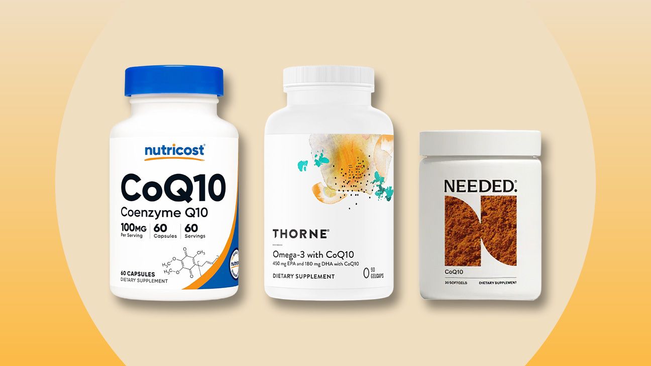 CoQ10 supplement bottles from Thorne, Needed, and Nutricost.
