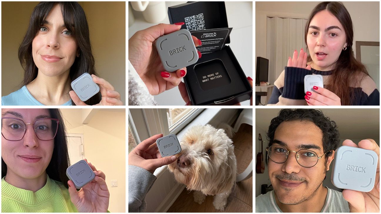 Healthline editors holding a Brick phone lock device during a recent experiment. 