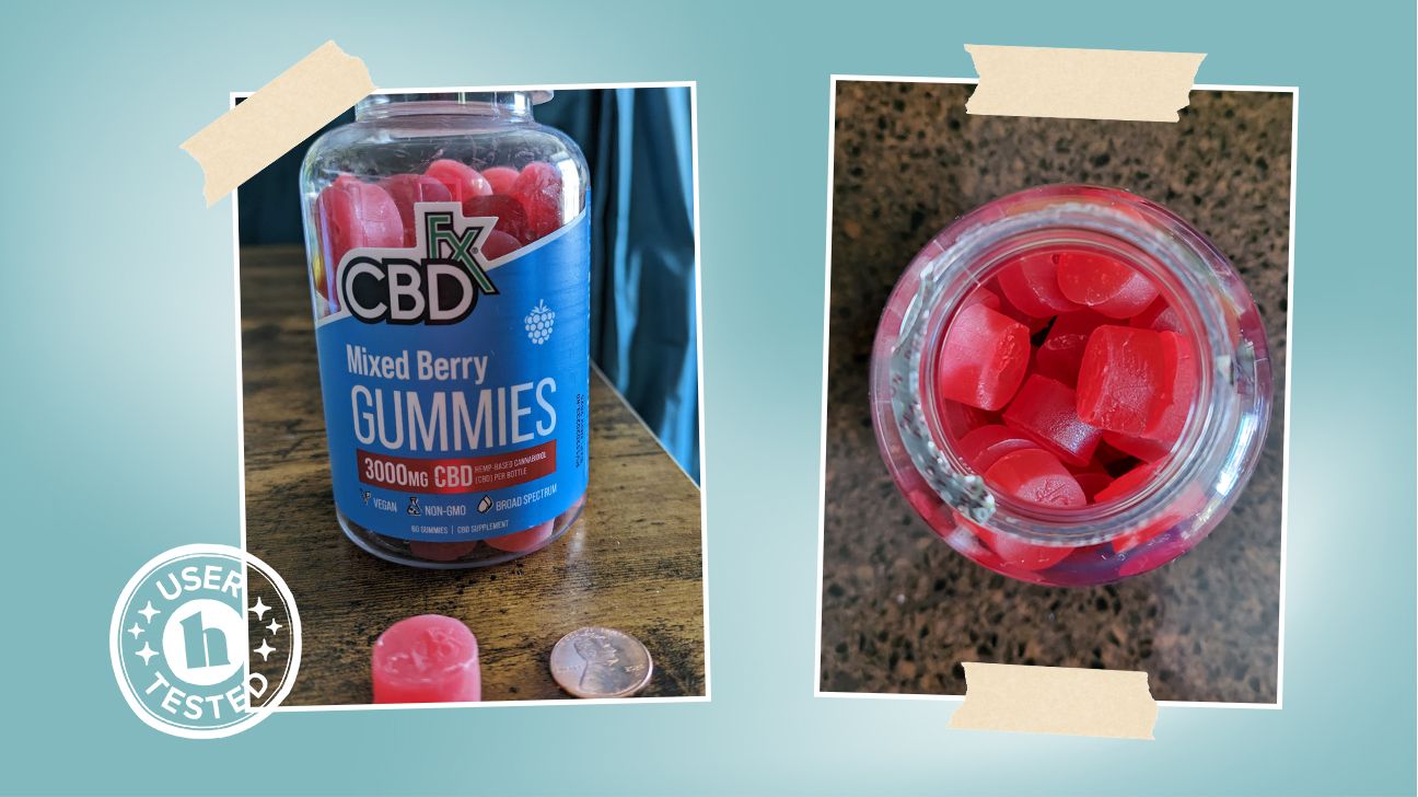 Tester images of CBDfx mixed berry gummies. It features a 'user tested' badge.