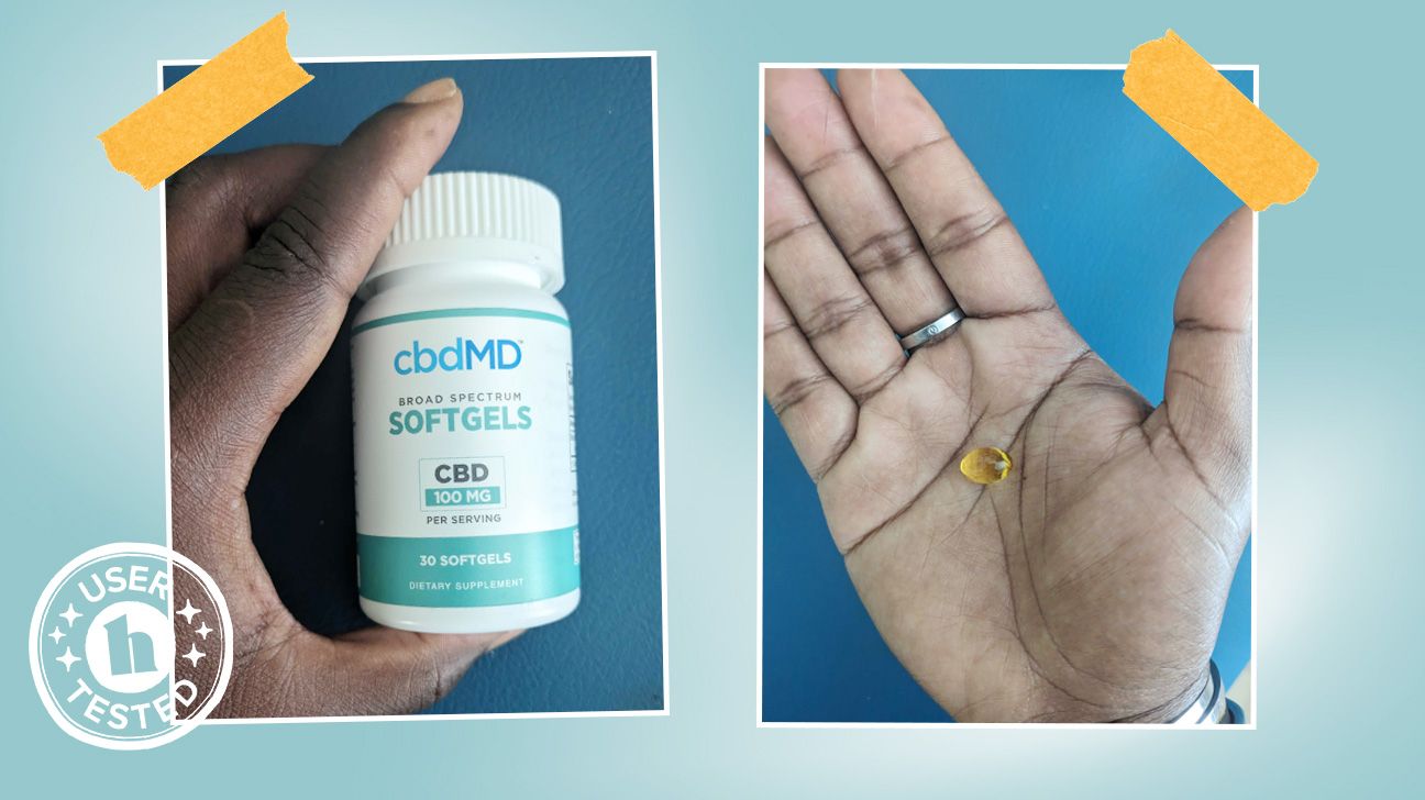Tester images of cbdMD broad spectrum CBD softgels. It features a 'user tested' badge.
