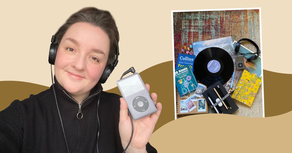 Healthline editor Lois Zoppi showing analog items they use every day to reduce phone use.