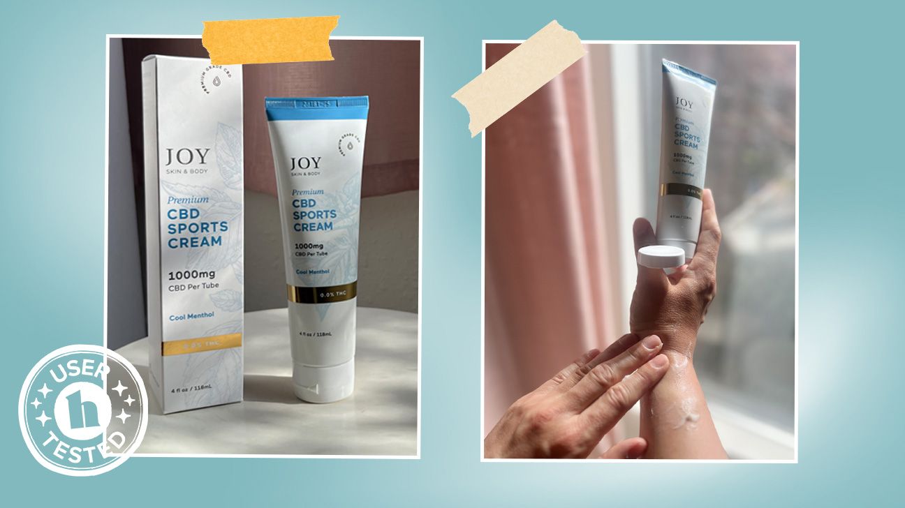 Tester images of Joy Organics CBD Sports Cream. It features a 'user tested' badge.