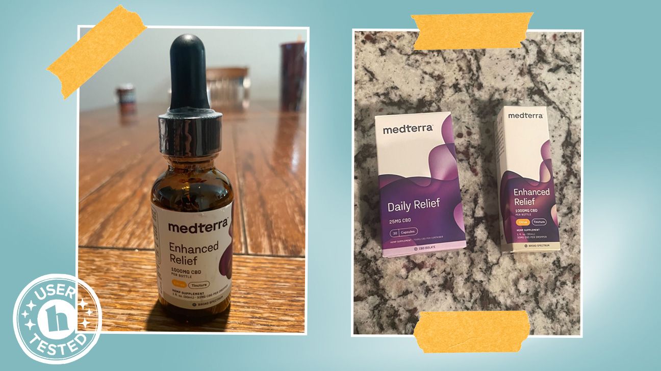 Tester images of Medterra Enhanced Relief CBD oil. It features a 'user tested' badge.