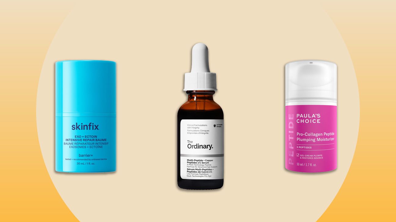 Three peptide skincare products displayed in a row, including Skinfix intensive repair baume, The Ordinary copper peptides serum, and Paula's Choice pro-collagen peptide moisturizer. 