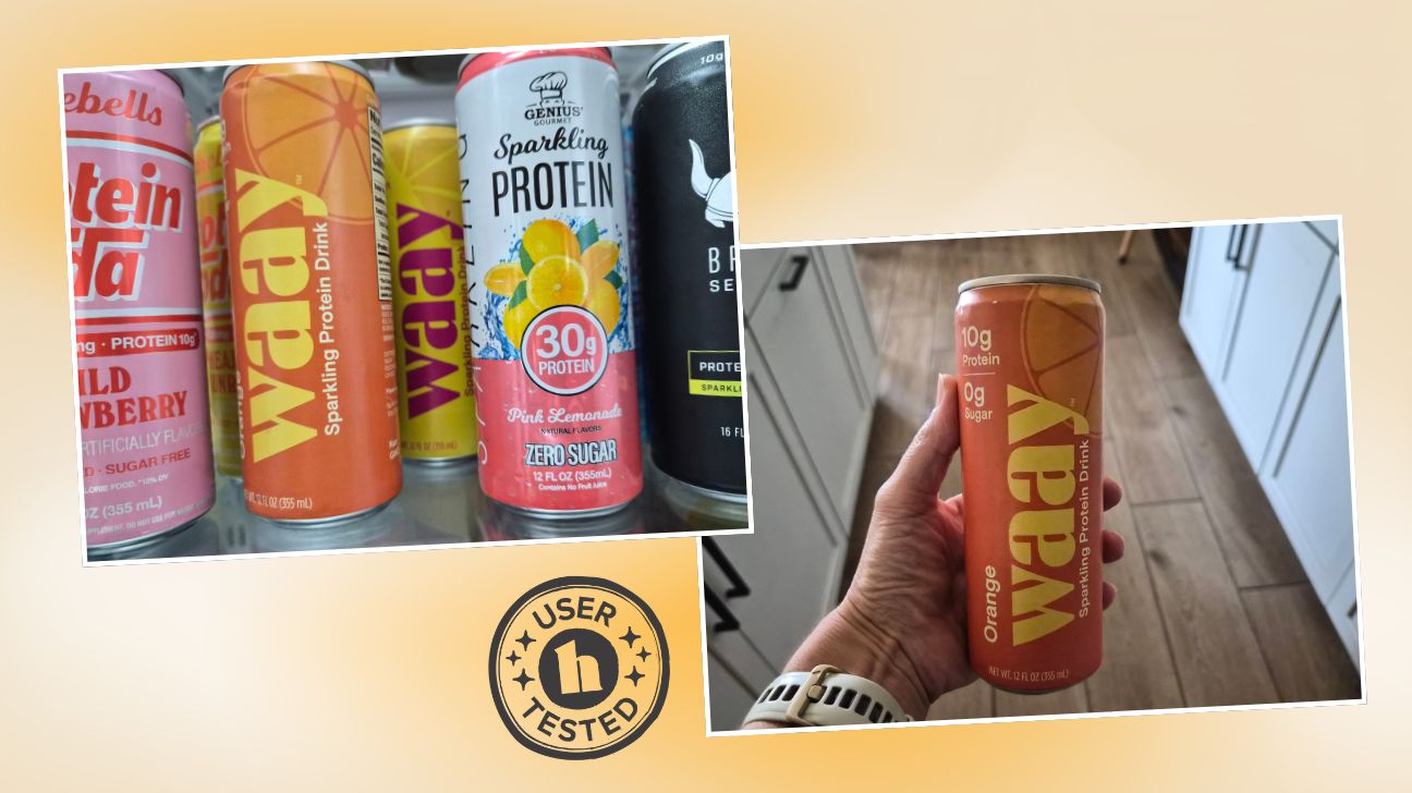 a collection of protein sodas in fridge next to tester holding a can protein soda to test