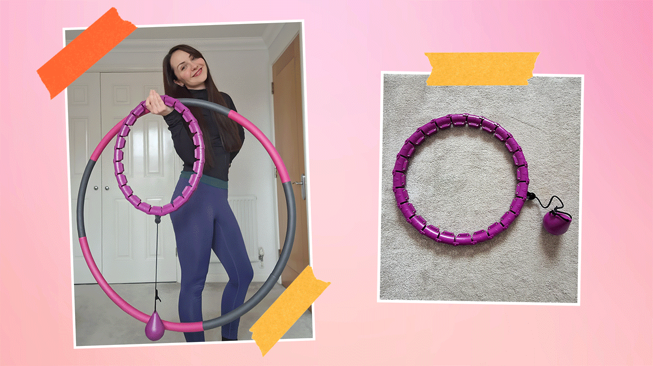 Two Healthline editors testing the weighted hula hoop trend.