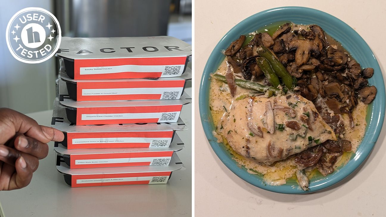 Factor meal delivery packaging and cooked chicken and mushroom meal, photos by Kristin Currin.