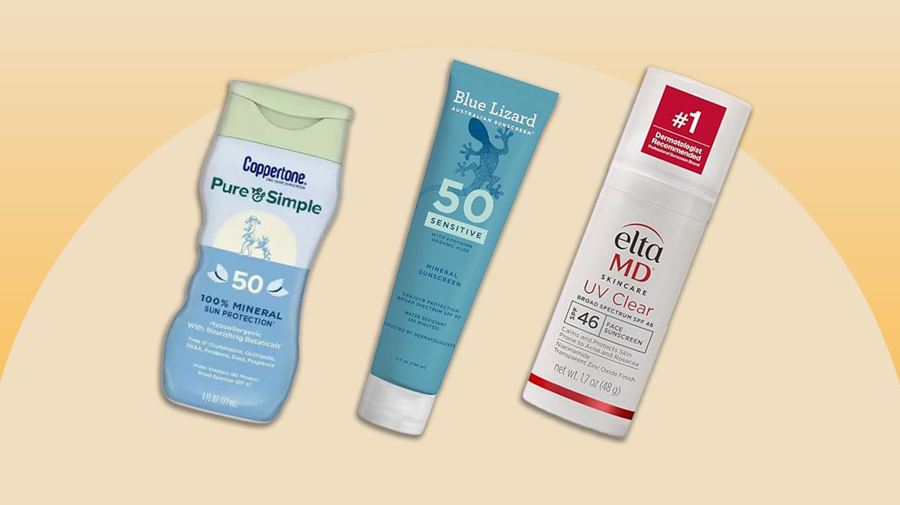 Best sensitive sunscreens from Coppertone, Blue Lizard, and EldaMD lined up over pale yellow sun background