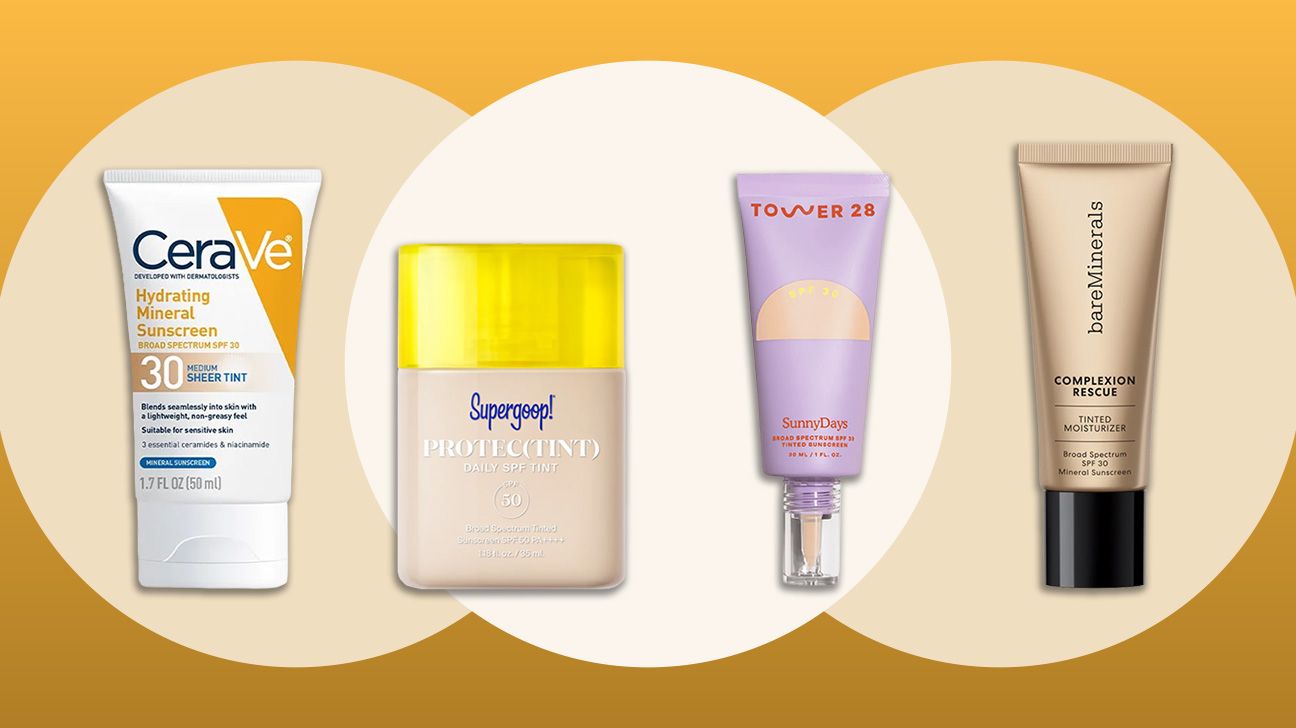 four of our best tinted sunscreen options, including cerave, supergoop, tower 28, and bare minerals complexion rescue