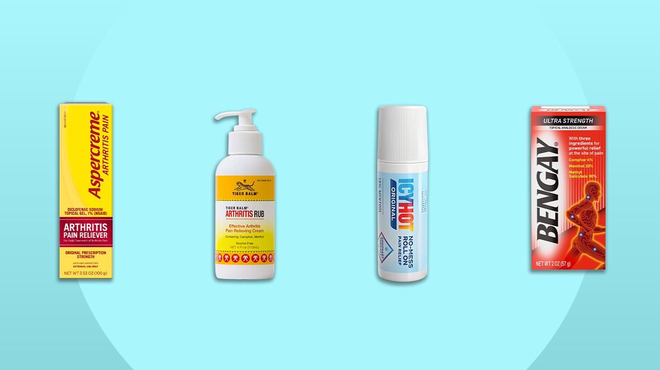 Best pain relieving creams for arthritis including tiger balm, icy hot, bengay, and aspercreme, lined up over a bright blue background.