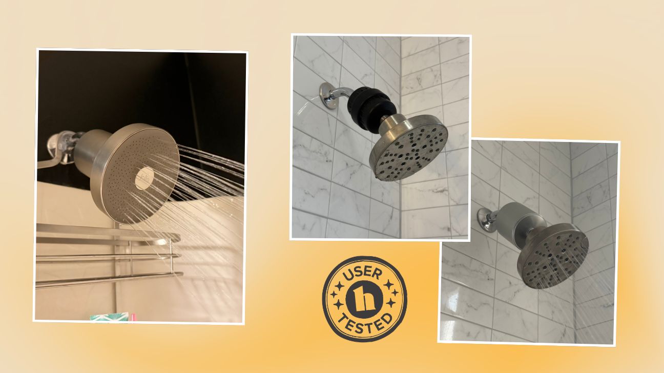 Three filtered showerheads in action including Jolie, Filterbaby, and weAqua
