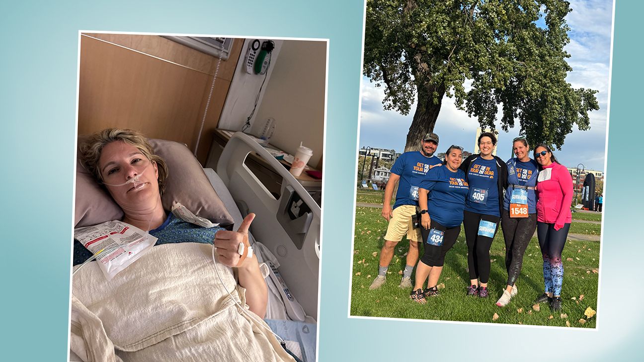 Collage of images: Heather gives a thumbs up from her hospital bed after surgery and then poses with others at a cancer awareness race