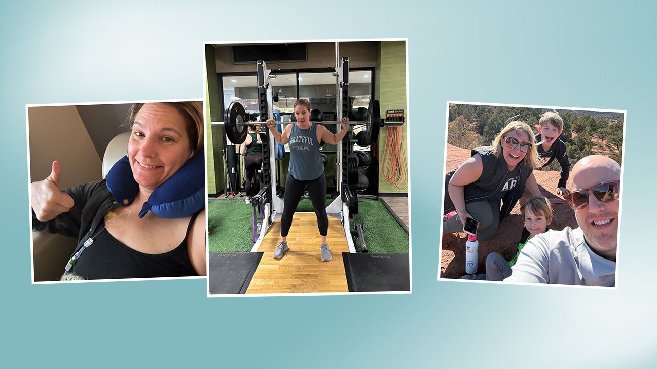 Collage of images: Heather gives a thumbs up and smiles during treatment, Heather lifting weights at the gym, and Heather smiling with her family during a hike