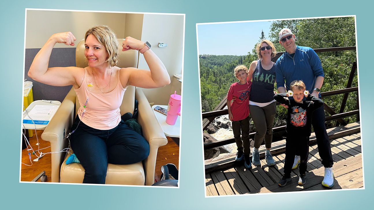 Collage of images: Heather poses proudly during treatment and then smiles with her husband and 2 sons
