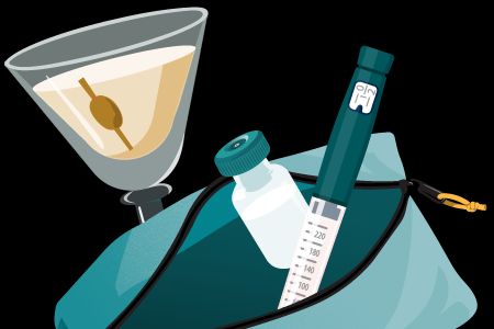 Illustration of pouch with GLP-1 vial and pen next to an alcoholic drink
