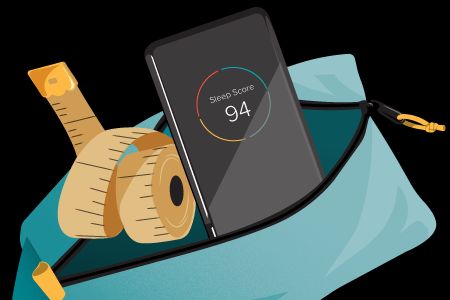 Illustration of a pouch with a tape measure and tracking app