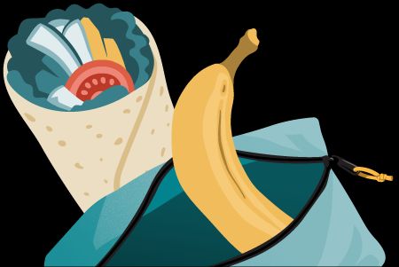 Illustration of a snack pouch with a banana and veggie wrap