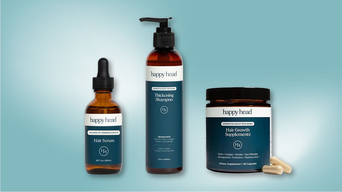 three of happy head's many products. from left to right: hair serum, thickening shampoo, and hair growth supplements