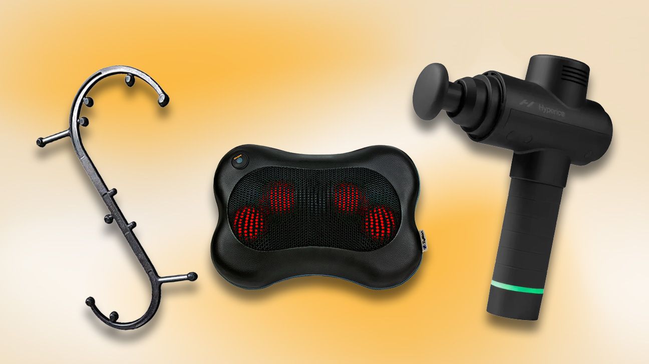 At home massage products including back massager, massage stick, and hyperice hypervolt, isolated over pale yellow and orange background