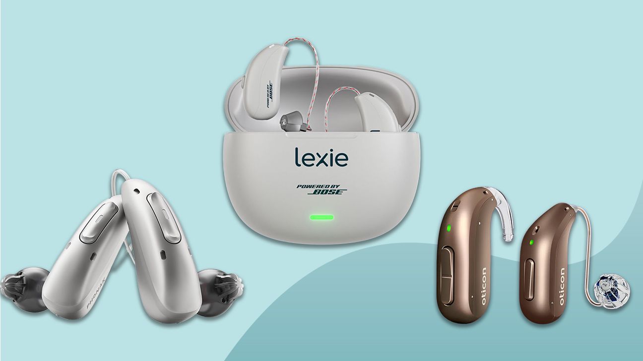three different types of hearing aids against a light blue background.
