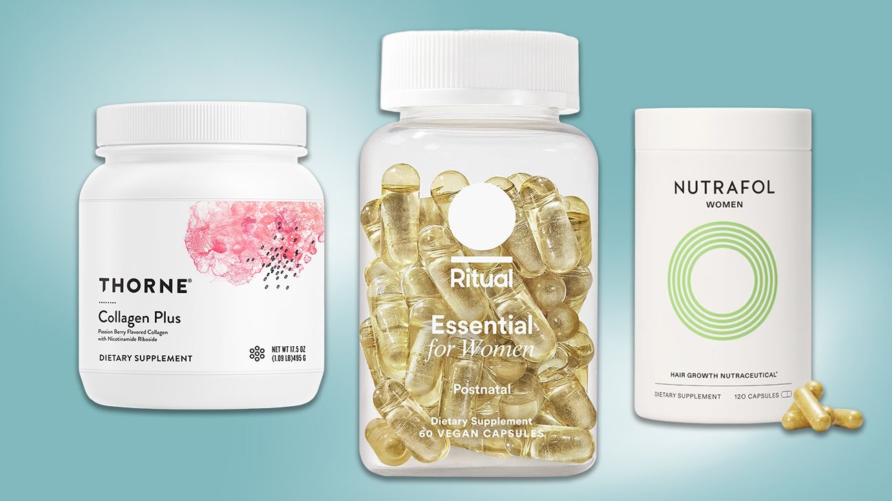 three of our picks for the best vitamins for hair growth: Thorne Collagen Plus; Ritual Essential for Women; Nutrafol hair growth supplement.
