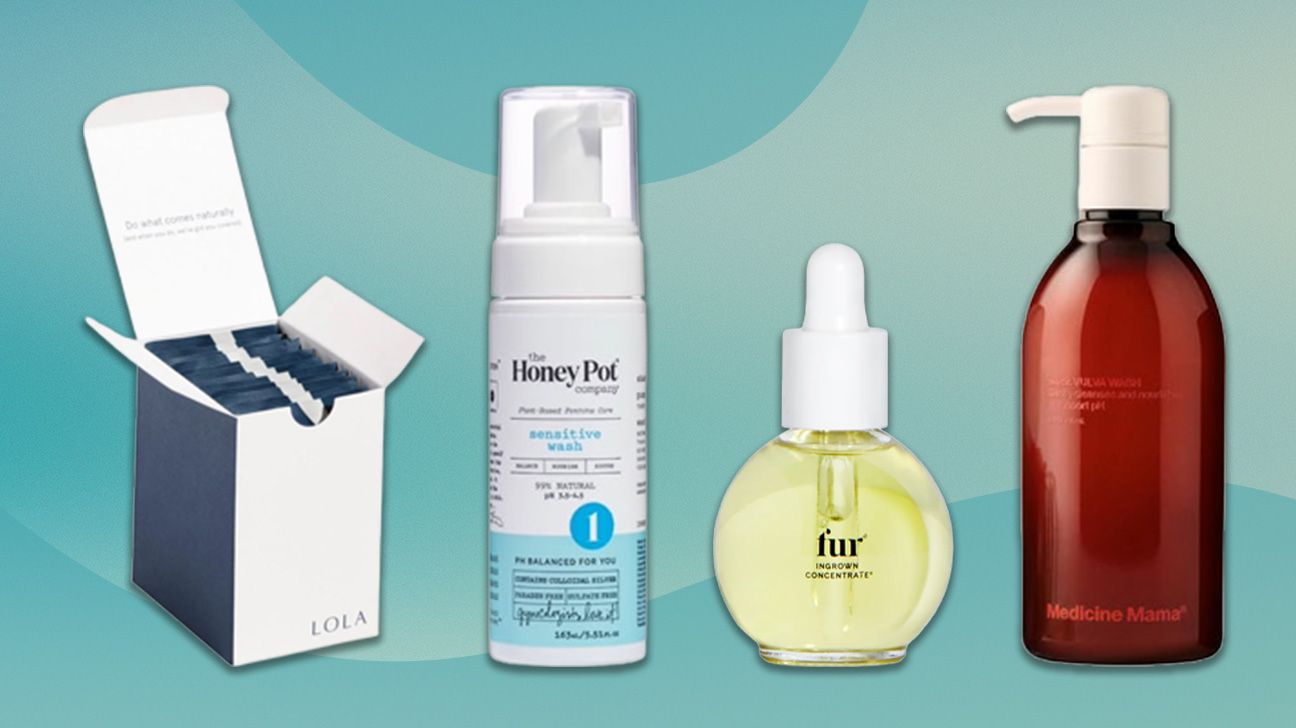 Four of the best vaginal washes and other products on a blue background.