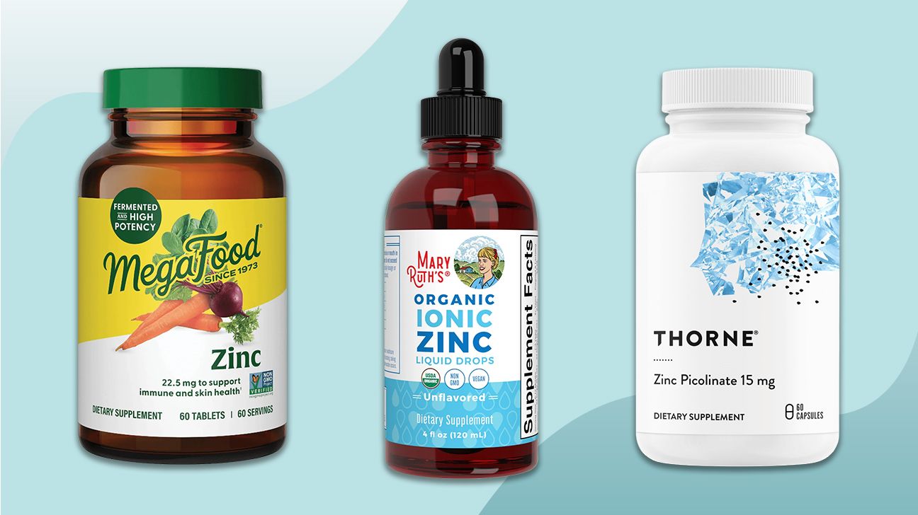 Best zinc supplements from MegaFood, MaryRuth's, and Thorne, lined up over pale blue wavy background