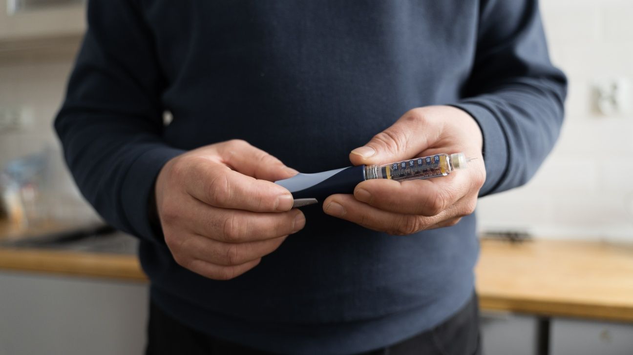Male holding an injection pen in front of him