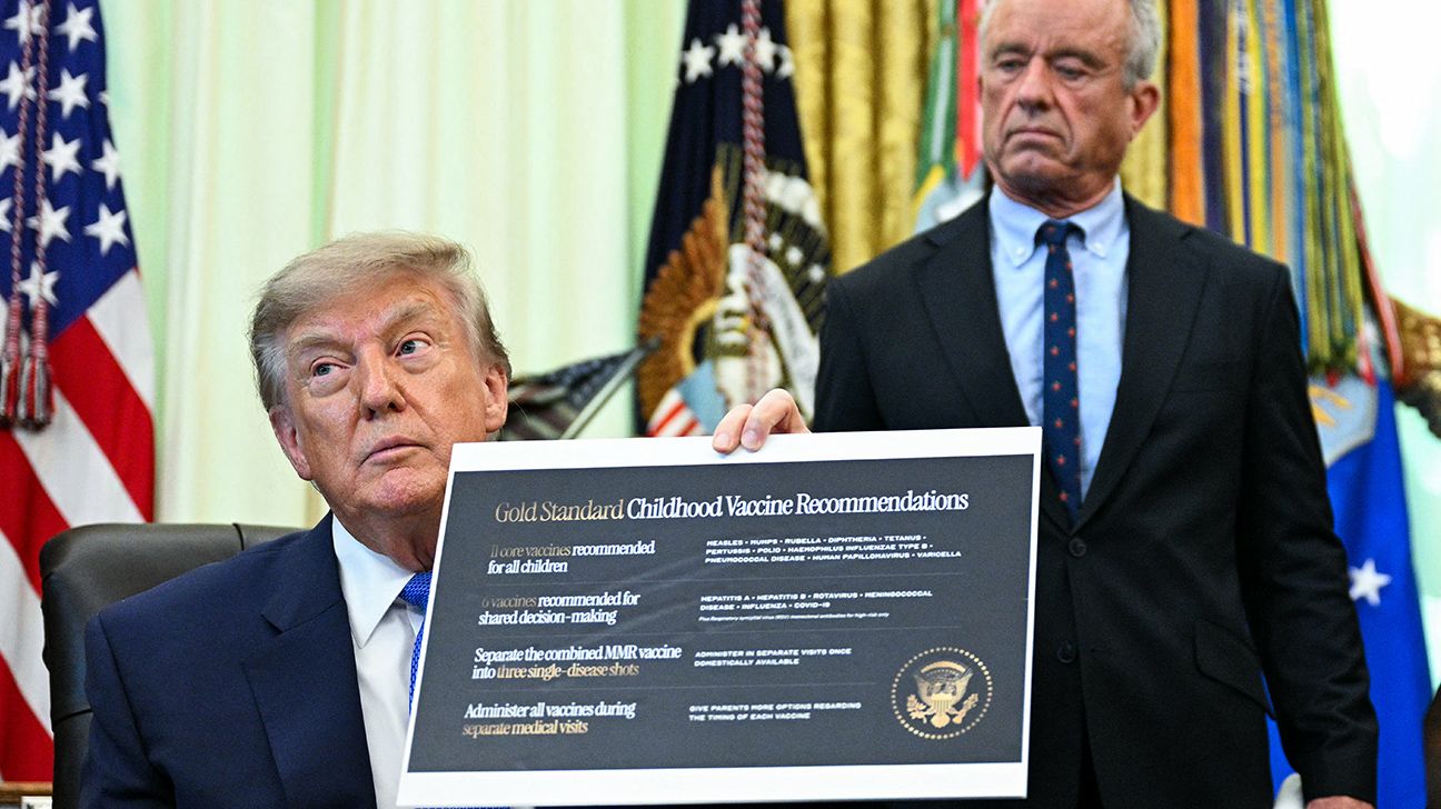 President Donald Trump and Health Secretary Robert F. Kennedy, Jr. in the Oval Office before the signing of an executive order targeting vaccines
