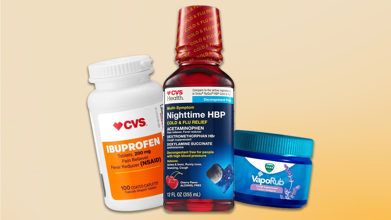 Cold and flu products available at CVS, including CVS iburpofen, CVS Health multi-symptom nightime cold & flu relief, and Vicks VapoRub.