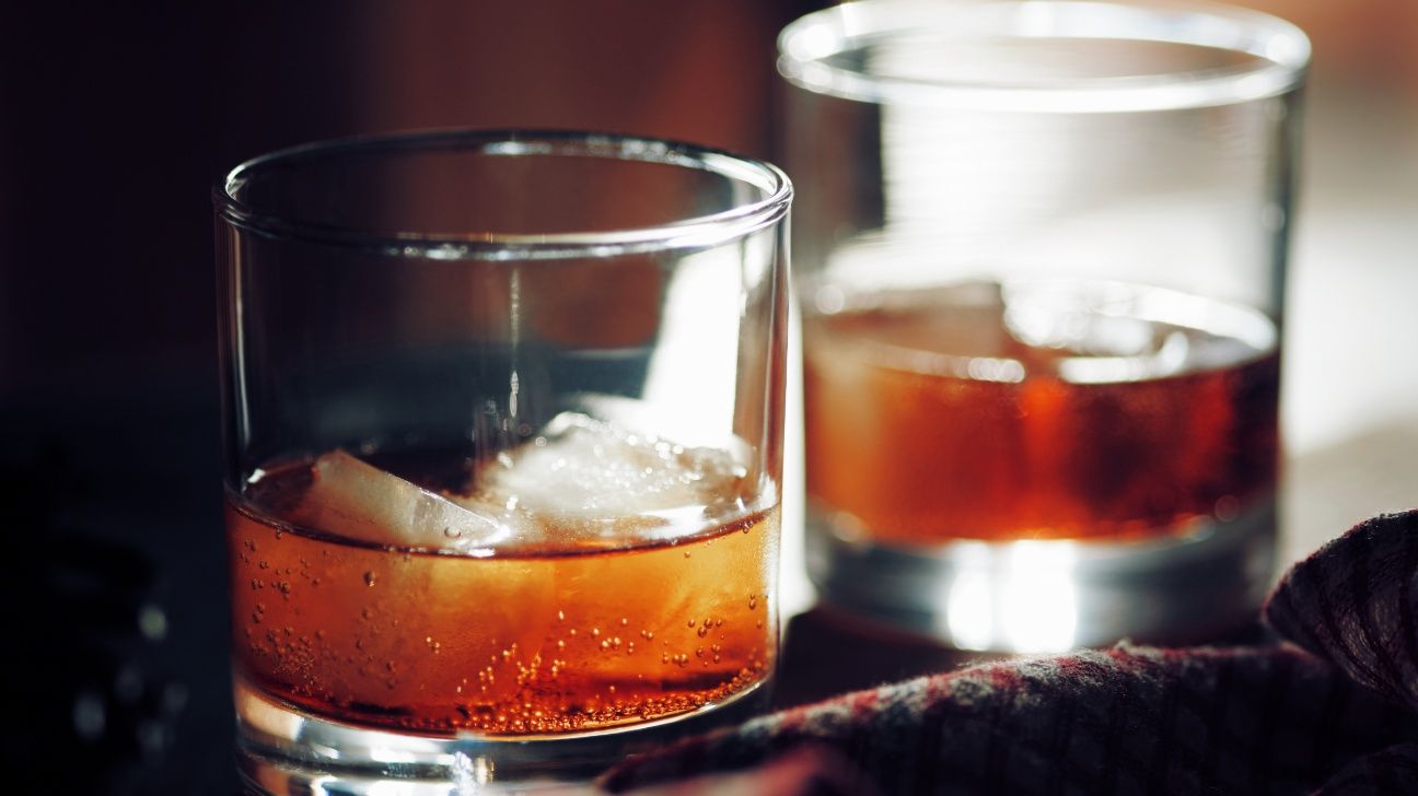 Close up of whiskey in glasses with ice