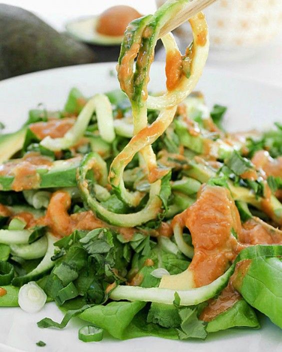Cucumber Noodle Salad with Avocado and a Spicy Cashew Butter Dressing