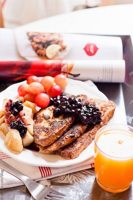 French Toast With Blueberry Sauce and Roasted Apple and Pear