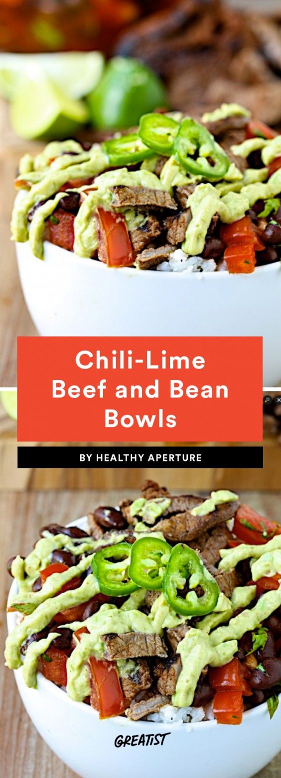 1. Chili-Lime Beef and Black Bean Bowls With Avocado Crema