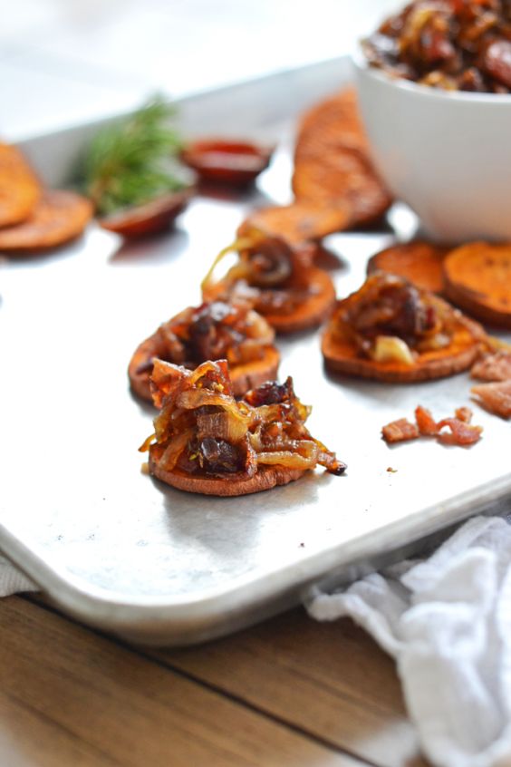 4. Caramelized Onion and Bacon Compote on Sweet Potato Crostini