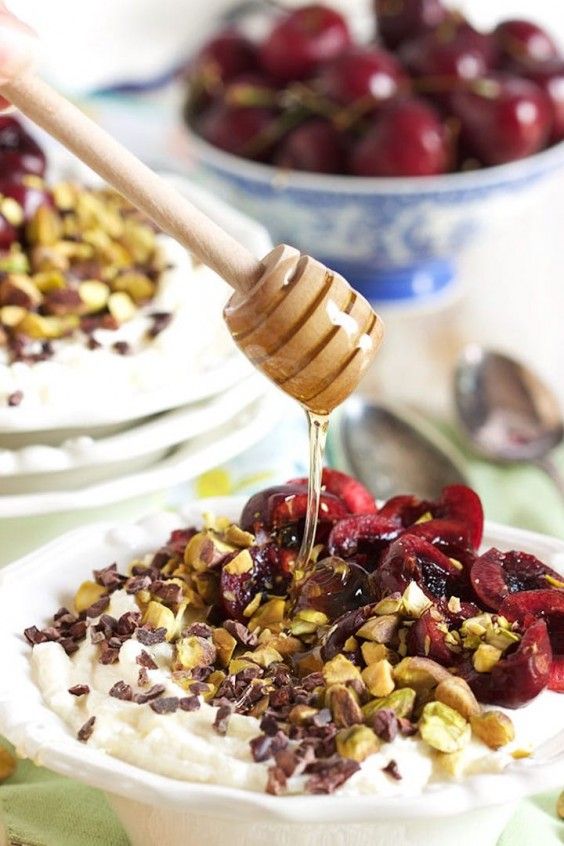 18. Cherry Pistachio Ricotta Bowl With Honey and Cacao Nibs