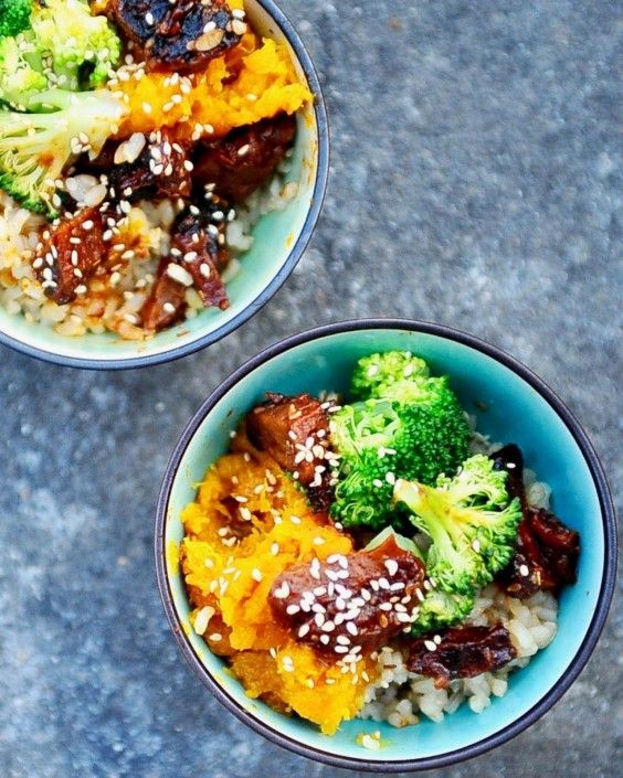 1. Teriyaki Seitan Bowl With Mashed Kabocha Squash